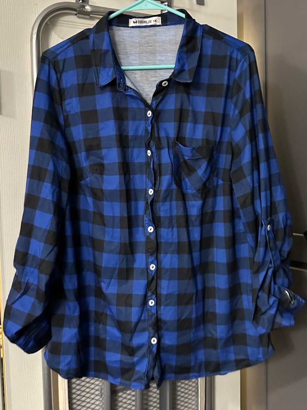 blue/black plaid button up